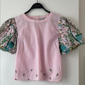 Olivia James Pink Blouse with Embellished Floral Puff Sleeves